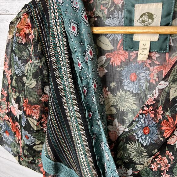Anthropologie Tiny Blouse Womens Size Medium Teal Floral Geometric Sheer Wrap - Picture 11 of 16